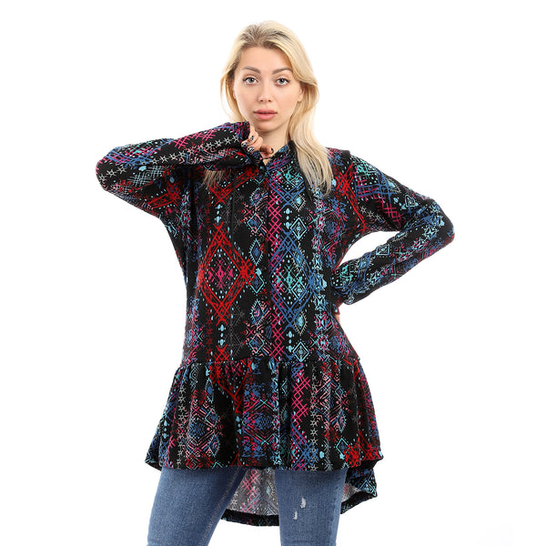 Hi-Low Ruffle Trim Patterned Winter Shirt - Red & Black