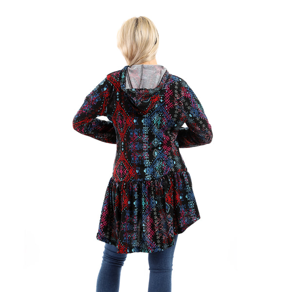 Hi-Low Ruffle Trim Patterned Winter Shirt - Red & Black