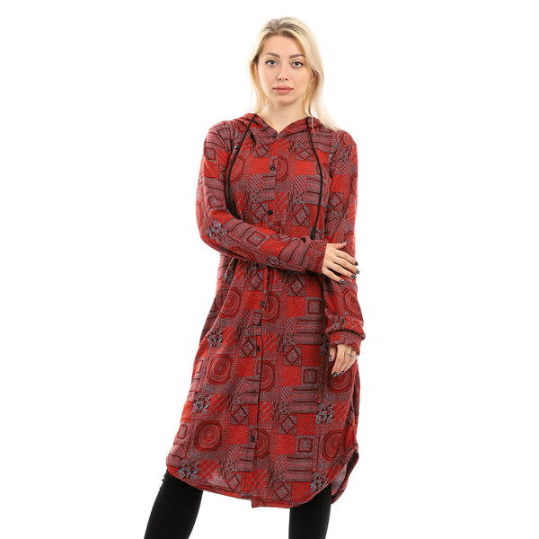 Long Sleeves With Cuff Buttoned Long Shirt - Hot Orange & Brown
