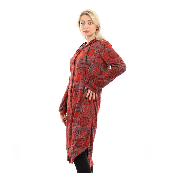 Long Sleeves With Cuff Buttoned Long Shirt - Hot Orange & Brown