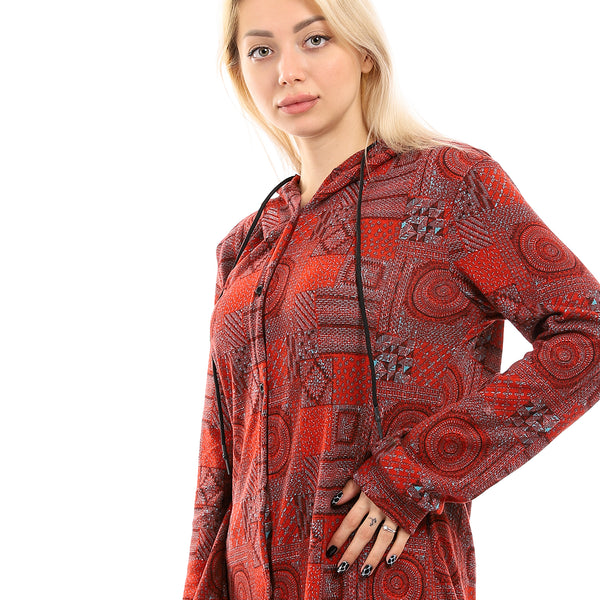 Long Sleeves With Cuff Buttoned Long Shirt - Hot Orange & Brown