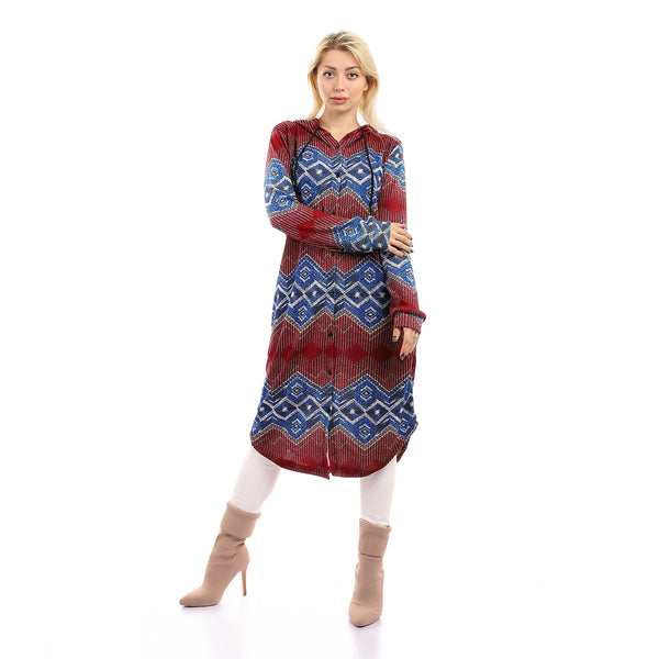 Long Sleeves With Cuff Buttoned Long Shirt - Blue & Burgundy