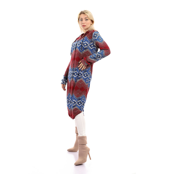 Long Sleeves With Cuff Buttoned Long Shirt - Blue & Burgundy