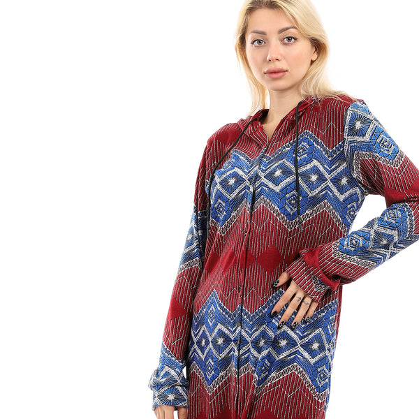 Long Sleeves With Cuff Buttoned Long Shirt - Blue & Burgundy