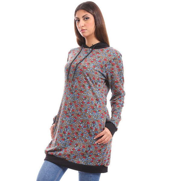 Floral Long Sleeve Hoodie Dress - Goldenrod