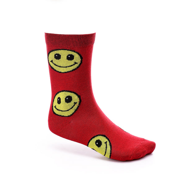 Smiley Mid-Calf Cotton Socks - Red