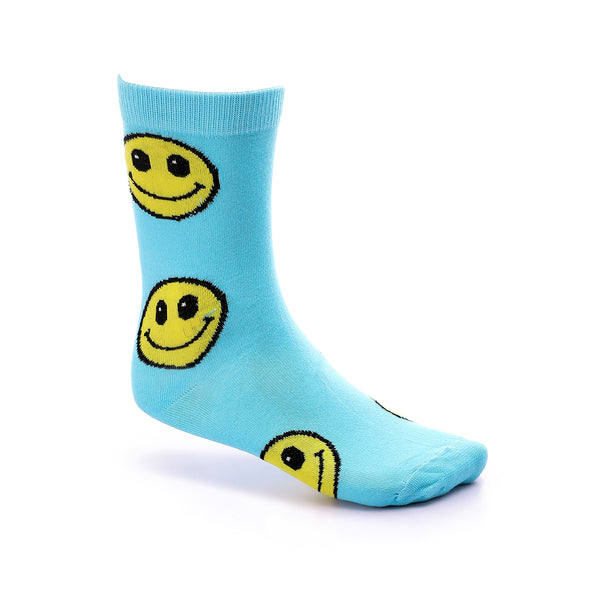 Smiley Mid-Calf Cotton Socks - Turquoise