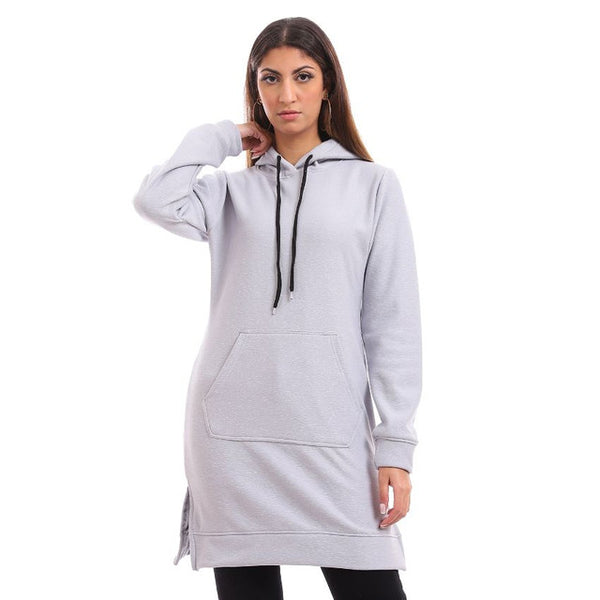 Off White Velour Padded Hoodie Dress - Heather Grey
