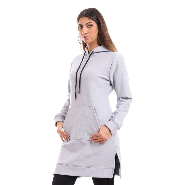 Off White Velour Padded Hoodie Dress - Heather Grey