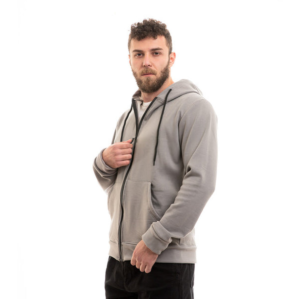 Cotton Plain Inner Fleece Zip Through Hoodie - Light Grey