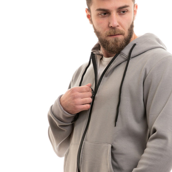 Cotton Plain Inner Fleece Zip Through Hoodie - Light Grey