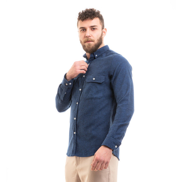 Full Buttoned Winter Shirt With Chest Pockets - Navy Blue