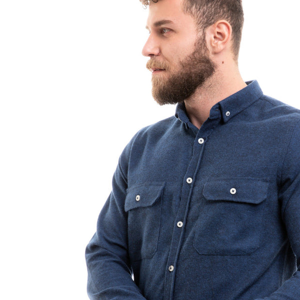 Full Buttoned Winter Shirt With Chest Pockets - Navy Blue