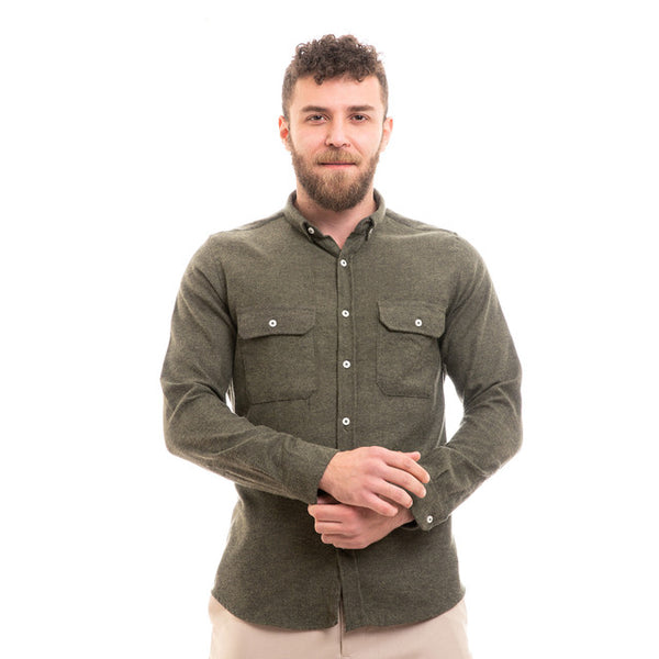 Full Buttoned Winter Shirt With Chest Pockets - Dark Green