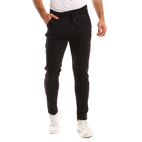 elastic_waist_side_patterned_line_cotton_pants_-_black