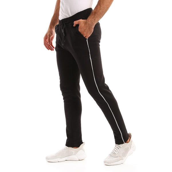 elastic_waist_side_patterned_line_cotton_pants_-_black