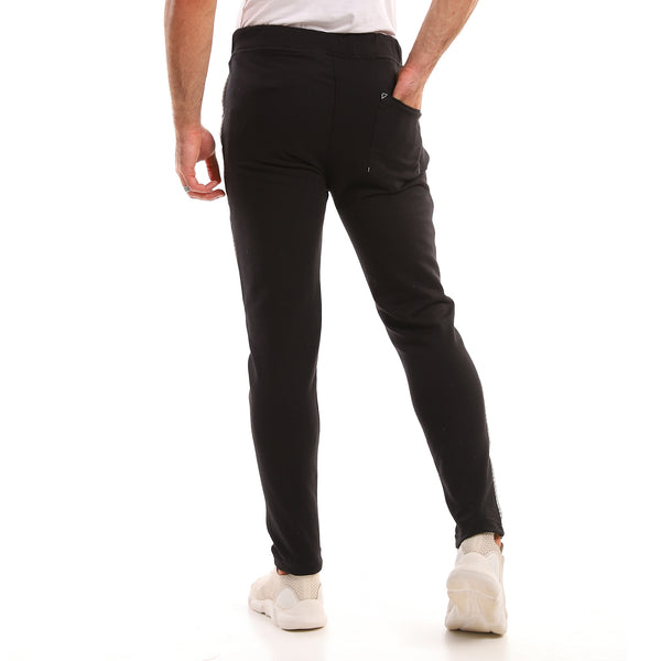 elastic_waist_side_patterned_line_cotton_pants_-_black