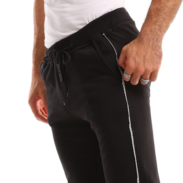 Elastic Waist Side Patterned Line Cotton Pants - Black