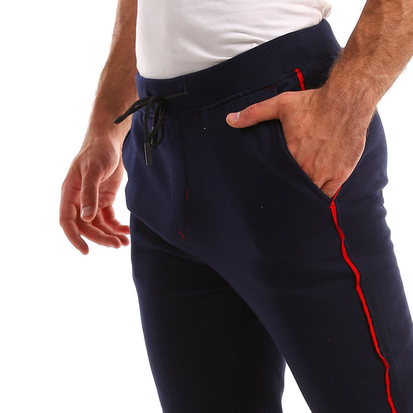 Side Red Line Cotton Navy Blue Sweatpants