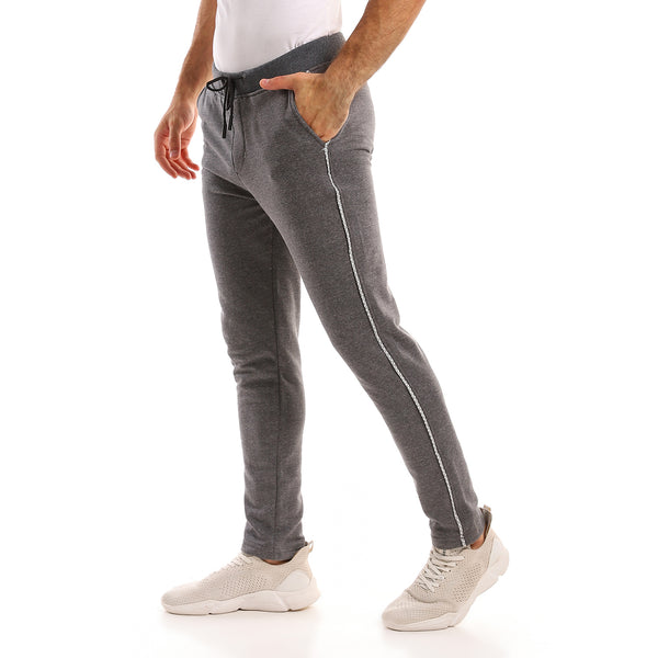 Elastic Waist Side Patterned Line Cotton Pants -Dark Grey