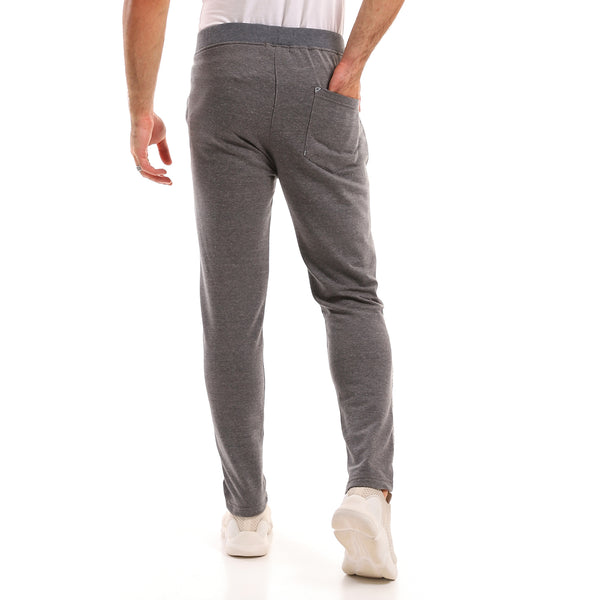 Elastic Waist Side Patterned Line Cotton Pants -Dark Grey