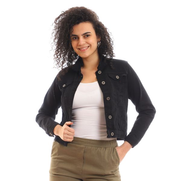 Casual Plain Buttoned Denim Black Jacket