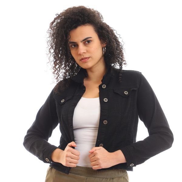 Casual Plain Buttoned Denim Black Jacket