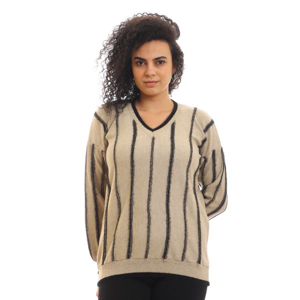 Wide Striped V-Neck Slip On Pullover - Beige