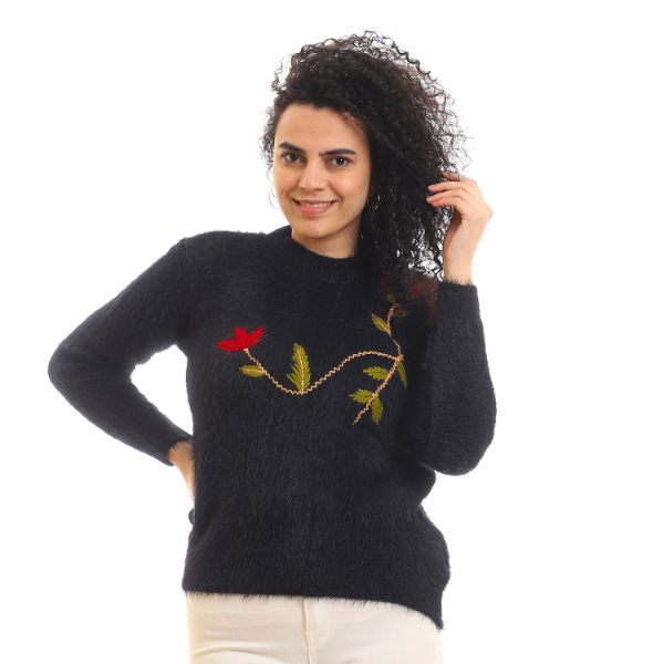 Mock Neck Mohair Embroidered Pullover - Black