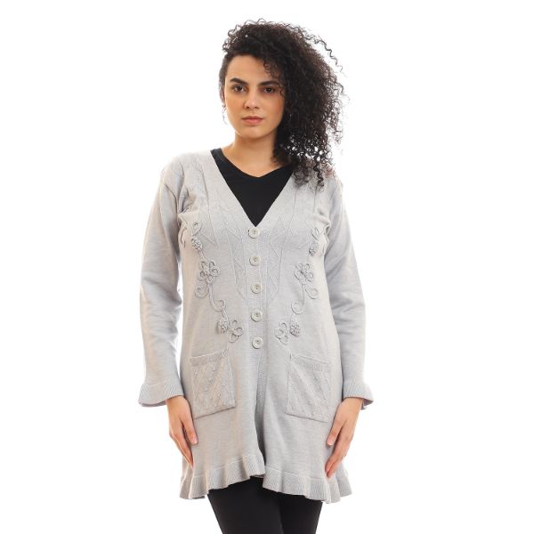 Deep V-Neck Buttoned Knitted Cardigan - Light Grey