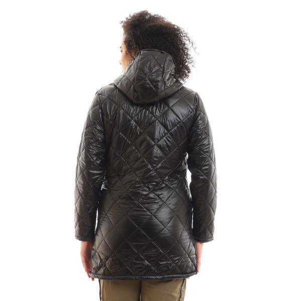 Hooded Quilted Snap Buttoned Puffer Jacket - Black