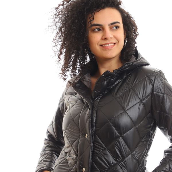 Hooded Quilted Snap Buttoned Puffer Jacket - Black