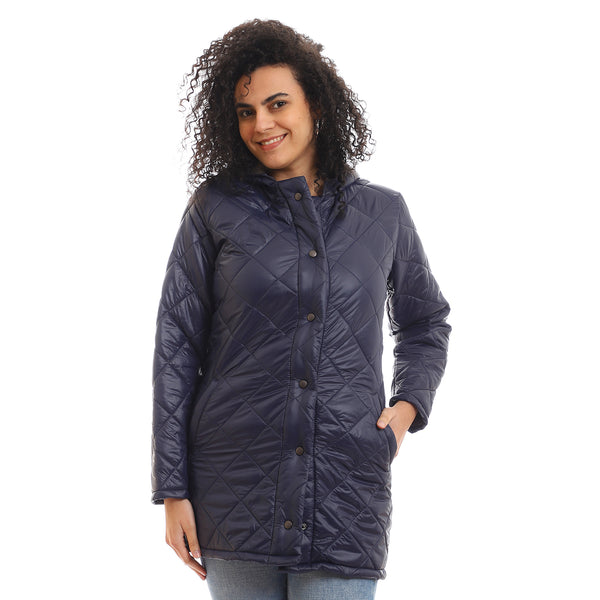 Hooded Quilted Snap Buttoned Puffer Jacket - Navy Blue