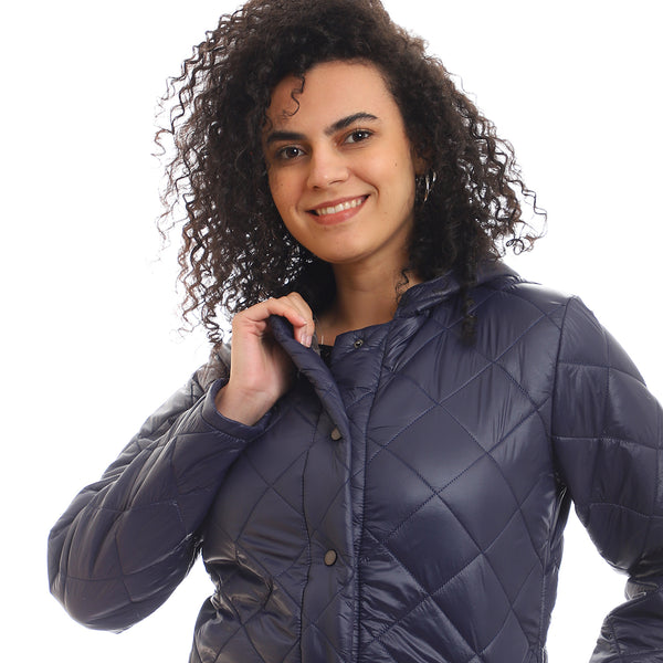 Hooded Quilted Snap Buttoned Puffer Jacket - Navy Blue