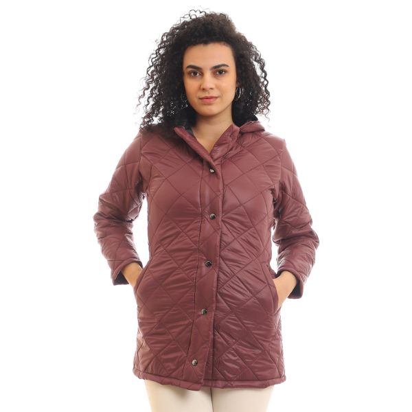 Hooded Quilted Snap Buttoned Puffer Jacket - Brick Brown