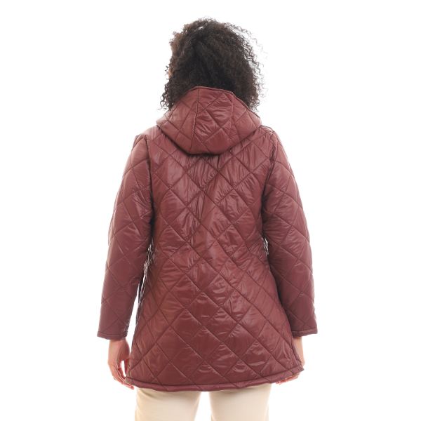 Hooded Quilted Snap Buttoned Puffer Jacket - Brick Brown