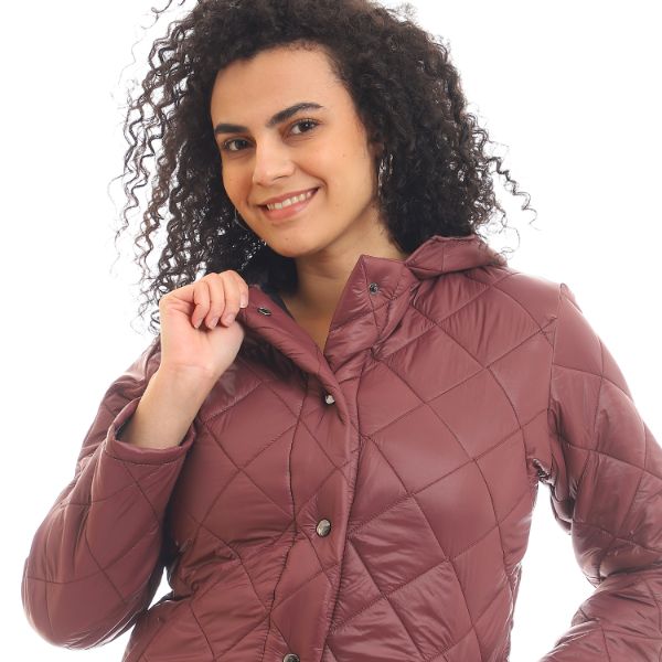 Hooded Quilted Snap Buttoned Puffer Jacket - Brick Brown