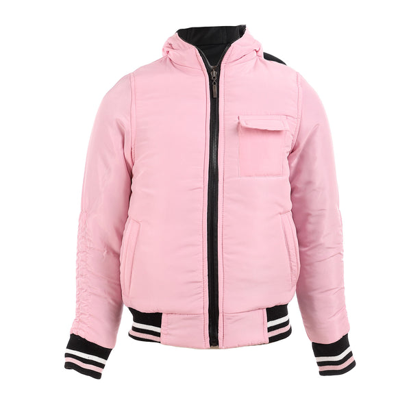 Girls Double Face Hooded Puffer Jacket - Rose & Black