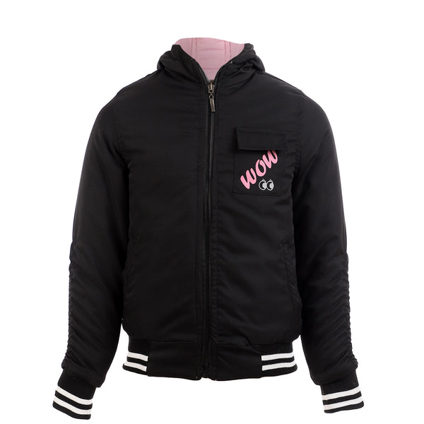 Girls Double Face Hooded Puffer Jacket - Rose & Black