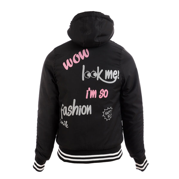 Girls Double Face Hooded Puffer Jacket - Rose & Black
