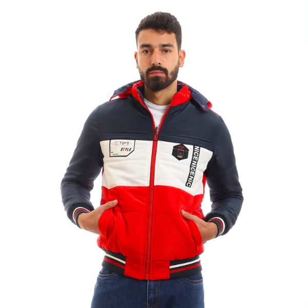 Double Face Tri-Tone Zip Through Neck Puffer Jacket - Red, Black & White