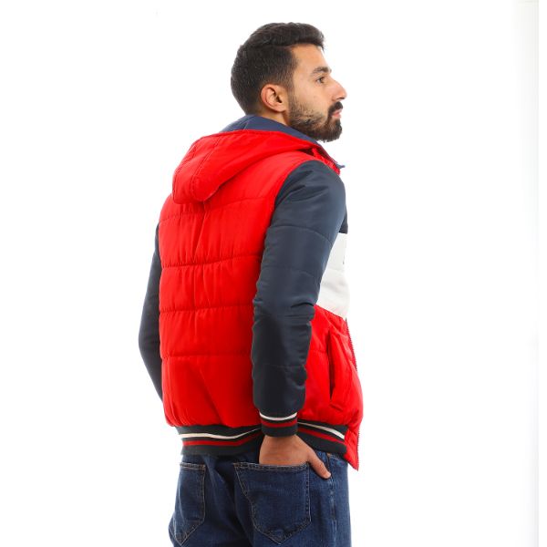 Double Face Tri-Tone Zip Through Neck Puffer Jacket - Red, Black & White