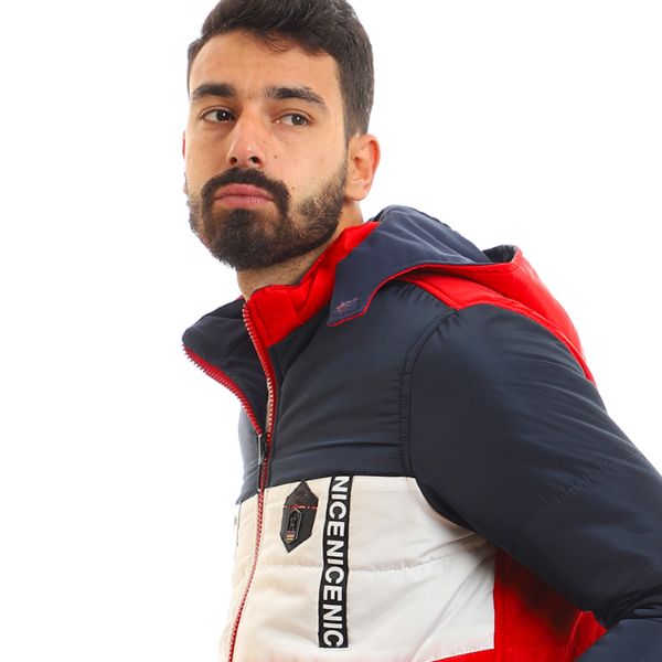 Double Face Tri-Tone Zip Through Neck Puffer Jacket - Red, Black & White