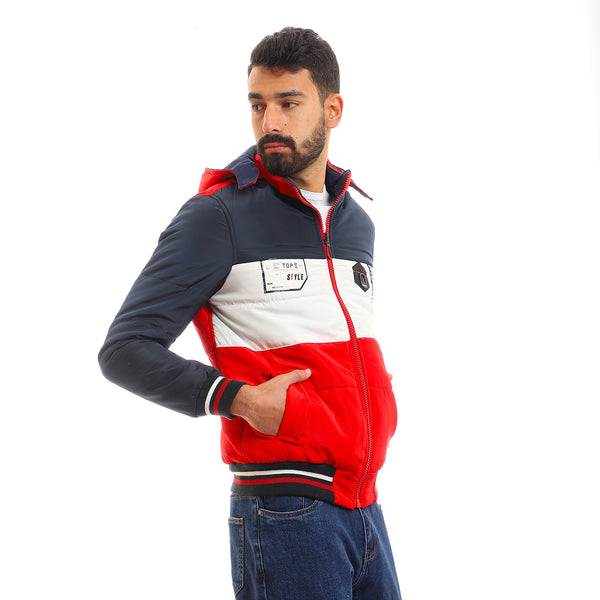 Double Face Tri-Tone Zip Through Neck Puffer Jacket - Red, Black & White