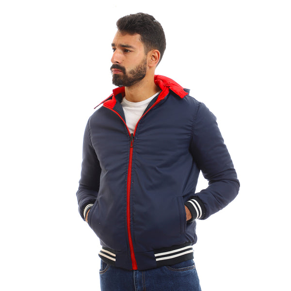 Double Face Tri-Tone Zip Through Neck Puffer Jacket - Red, Black & White