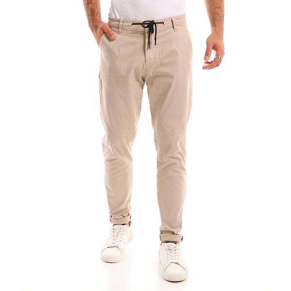 Self Ribbed Fly Zipper Casual Pants - Beige