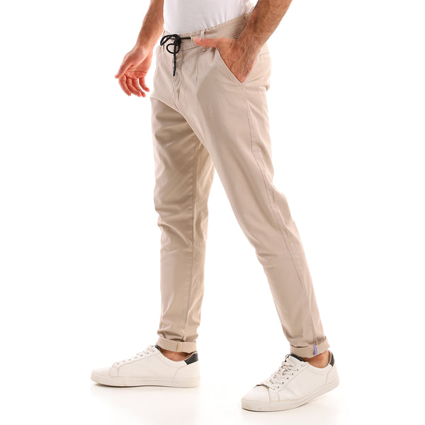 Self Ribbed Fly Zipper Casual Pants - Beige