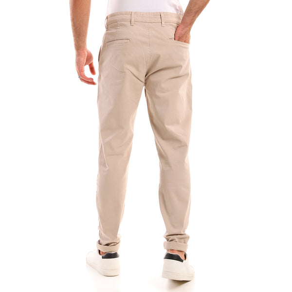 Self Ribbed Fly Zipper Casual Pants - Beige