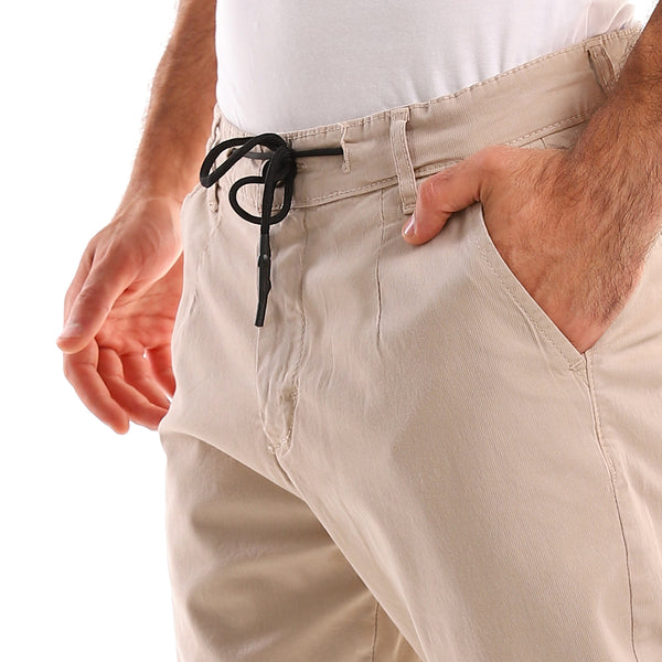 Self Ribbed Fly Zipper Casual Pants - Beige