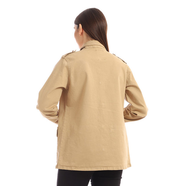 Gabardine Buttoned Casual Jacket - Beige